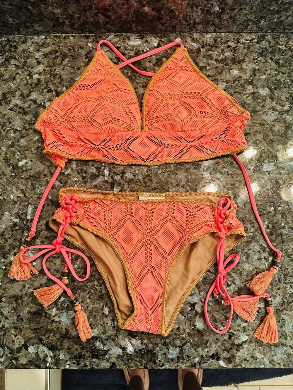 BECCA Neon Coral and Tan Crochet Bikini Set